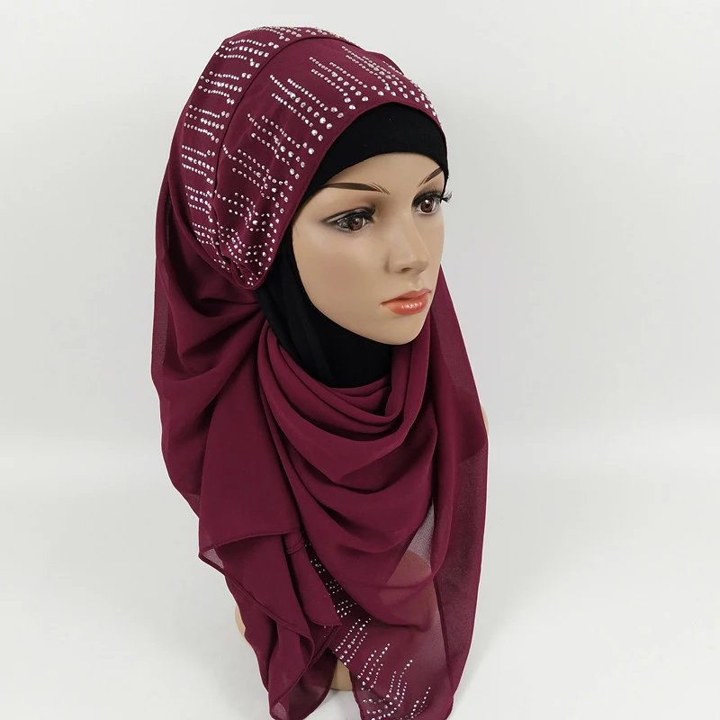

Exquisite Solid Color Muslim Turban Woman Hijab Rhinestone Silk Popular Shawls Scarf Hijabs Headband 22 Colors Free Shipping