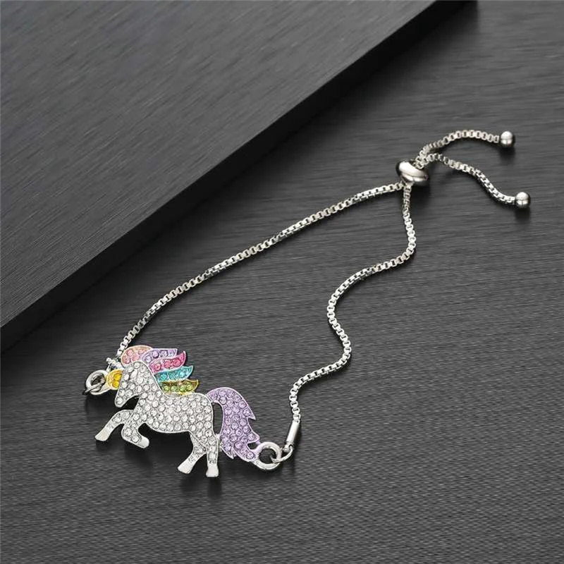 

Fashion Lucky Cute Colorful Unicorn Adjustable Crystal Bracelet for Girls Lucky Silver Bracelet Children's Day Gift