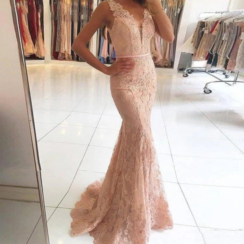 051Mermaid Lace Evening Dresses 2019 V Neck Navy Blue Formal Evening Gown With Beading vestido de fiesta Long Prom Dresses