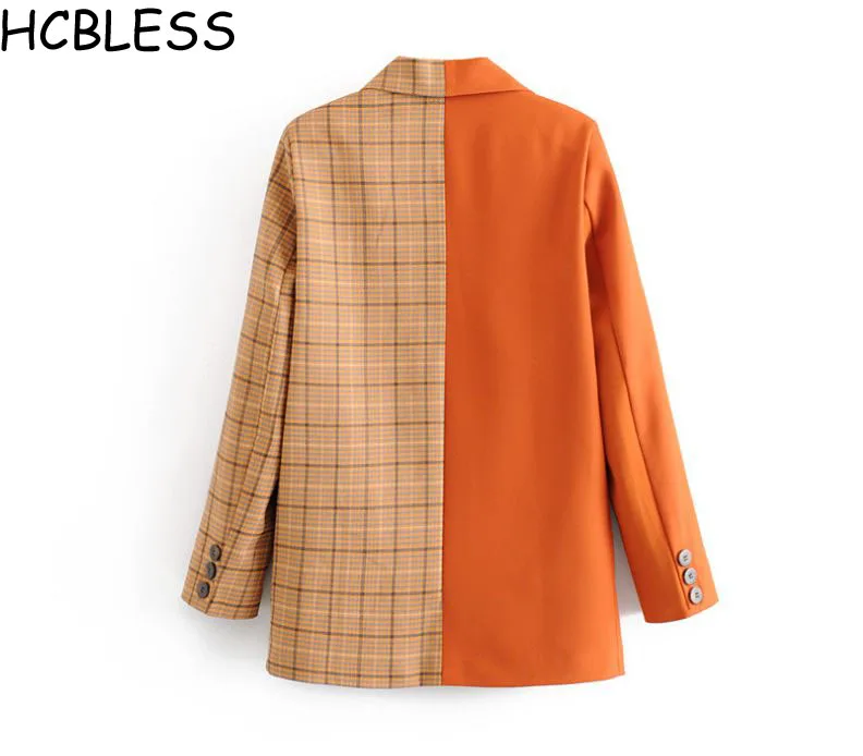 HCBLESS оранжевый мозаичный клетчатый повседневный костюм уличная мода Дикий Женский Длинный свободный костюм куртка