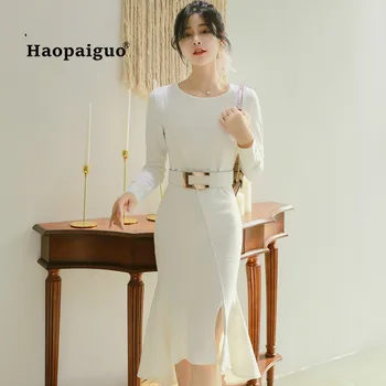 

Autumn Solid Mermaid Dress 2018 Women White Long Sleeve O-neck Knee-length Elegant Work Dress Office Lady Club Dresses Vestidos