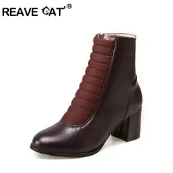 REAVE CAT/Большие размеры 34-48 брендовые осенне-зимние модные женские ботильоны толстые каблуки средней высоты повседневная из искусственной