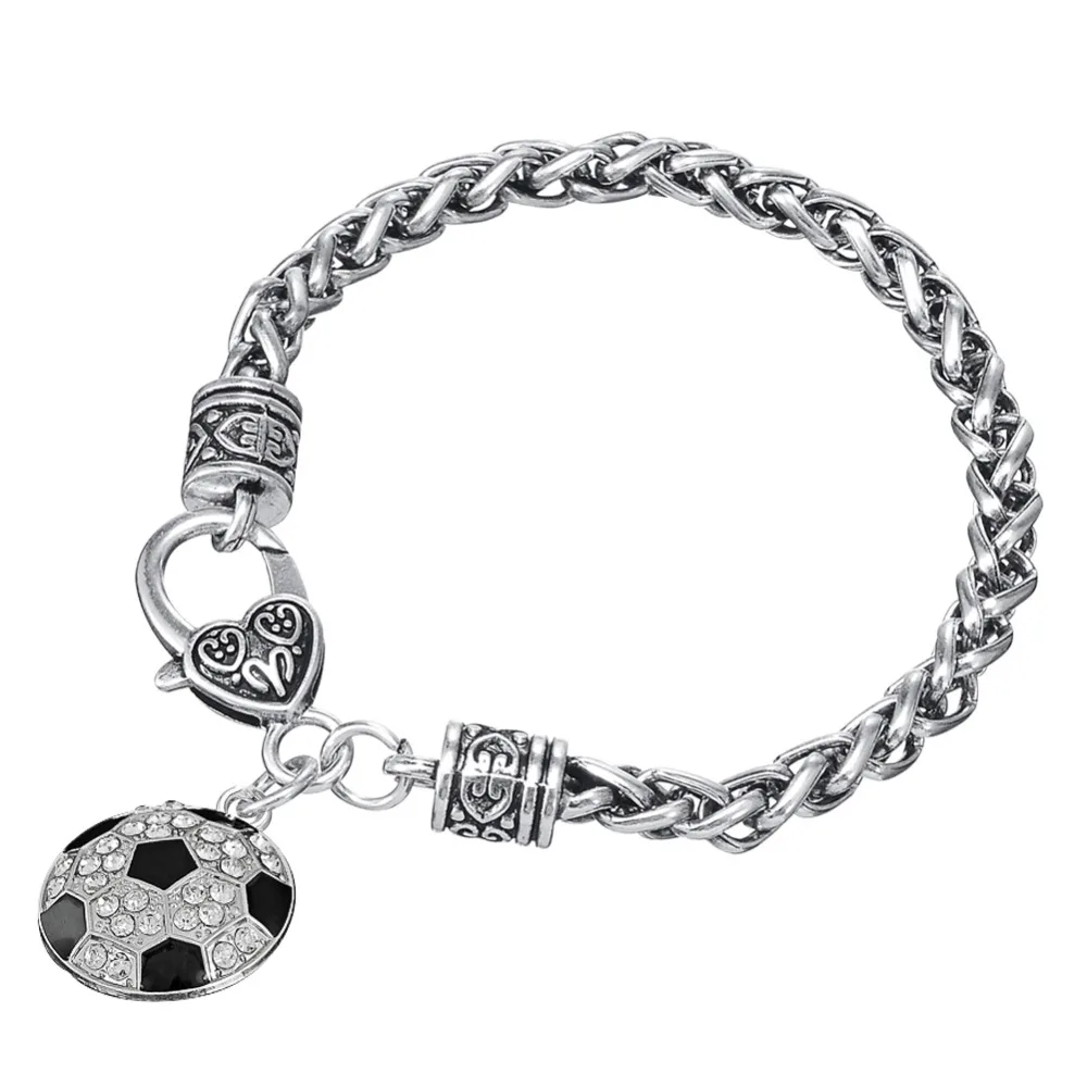 

my shape Black Enamel White Crystal Stone Heart Shape Soccer Ball Charm Lobster Claw Bracelet Sports Jewelry Football