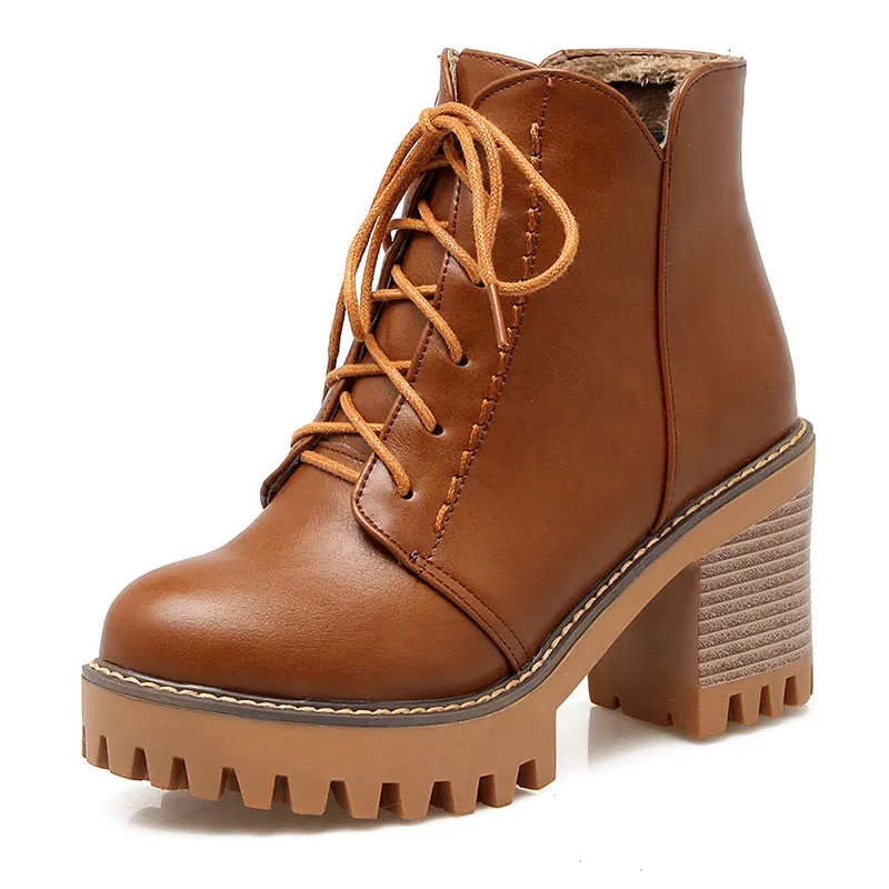 

side zipper cozy square heel fashion round toe campus lace-up ankle boots waterproof retro waterproof casual martin bootsdxj1444