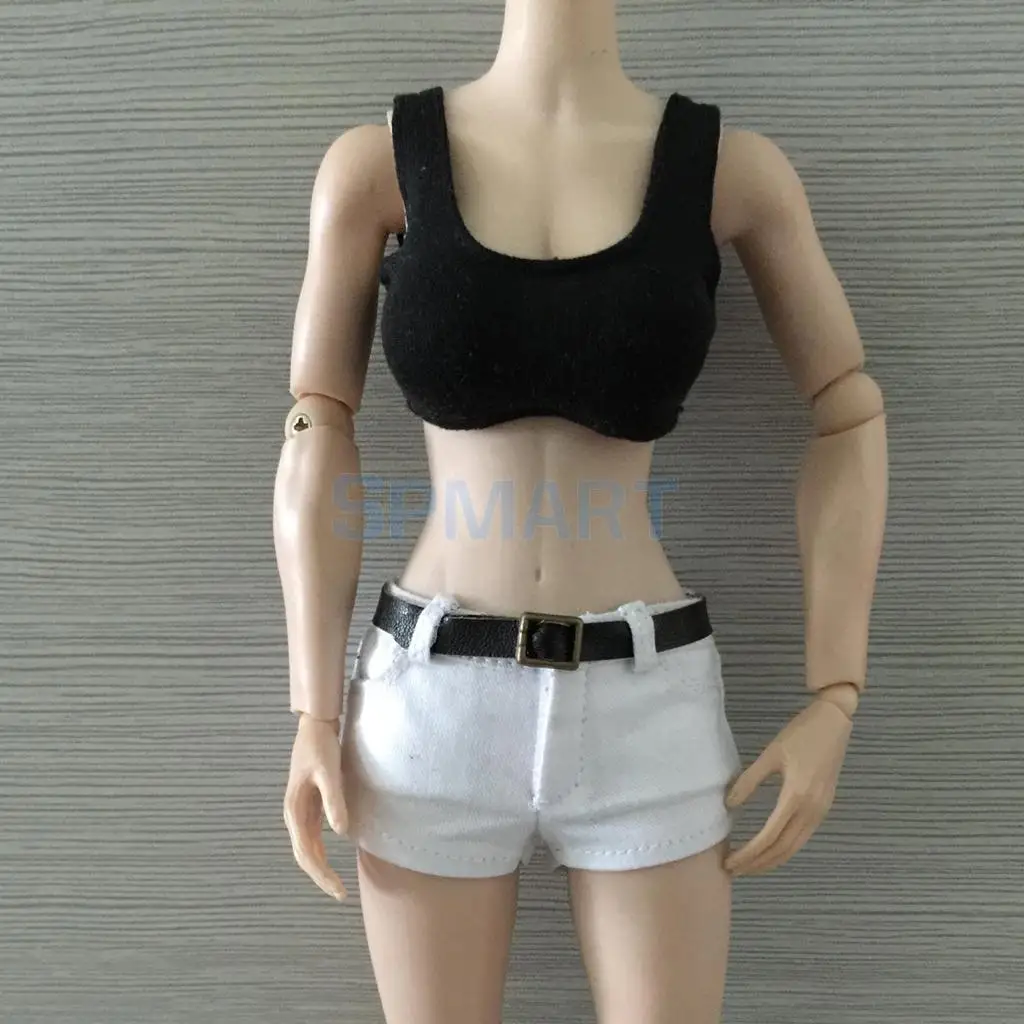 1/6 Scale Black Low-cut Vest Denim Jeans Shorts Belt Set Fit 12