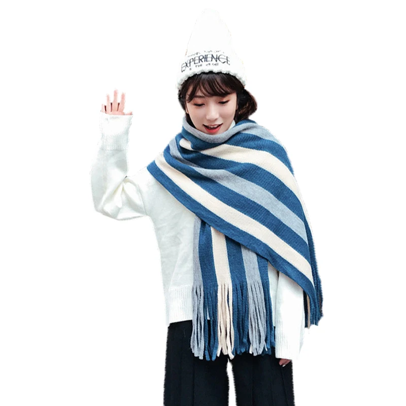 

YOULINE Newest winter scarf women cashmere tassels scarves colours stripe oversize pashmina knitting shawl bufanda mujer S17508