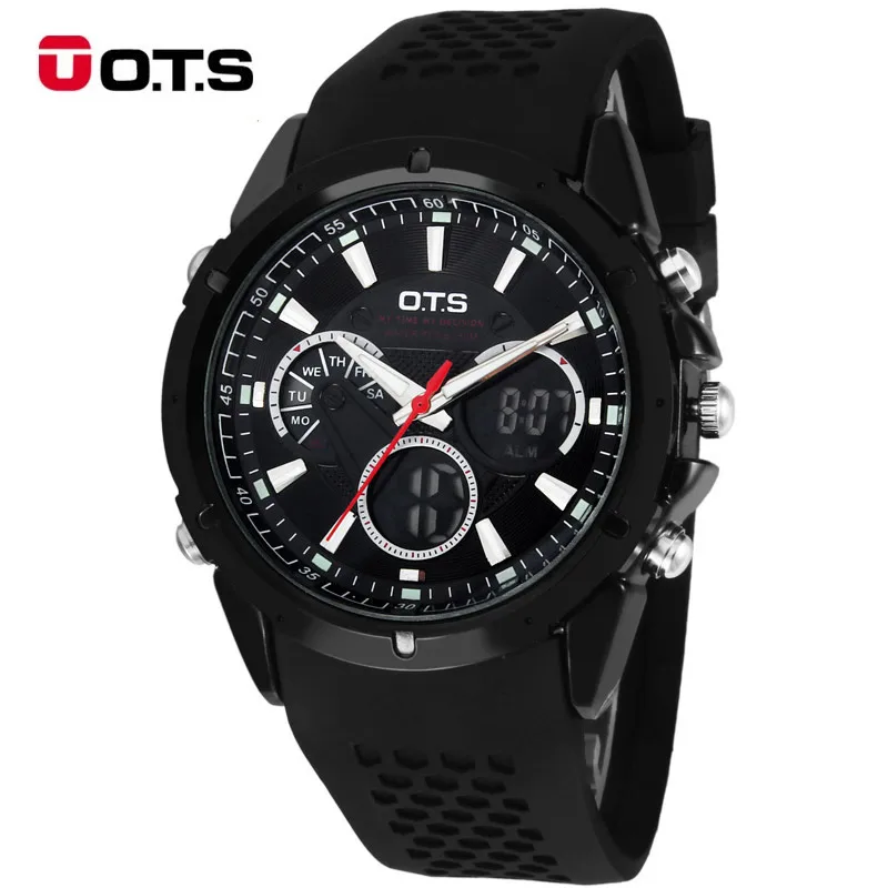 

OTS Sports Watch dual time Auto Date Day LED Alarm Black Rubber Band Analog Quartz Military Men Digital Watches relogio
