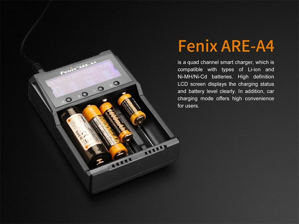 Fenix ARE-A4 четырехканальный смарт-зарядное устройство совместимо с типами литий-ионных Ni-MH/Ni-Cd