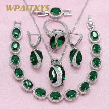 

Silver Color Jewelry Sets Green Cubic Zirconia For Women Wedding Earrings Necklace Pendant Ring Bracelet Free Gift Boxs