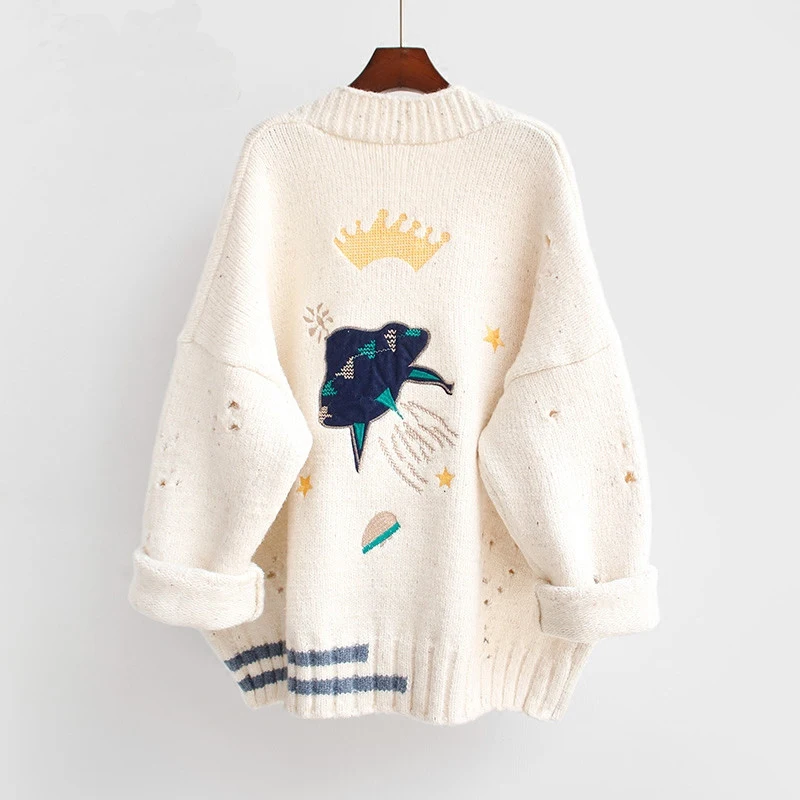 

Harajuku Sweater Cardigans Women 2019 Autumn Winter Cardigans Coat Cartoon Embroidery Sweaters Single Breasted Knit Jackets