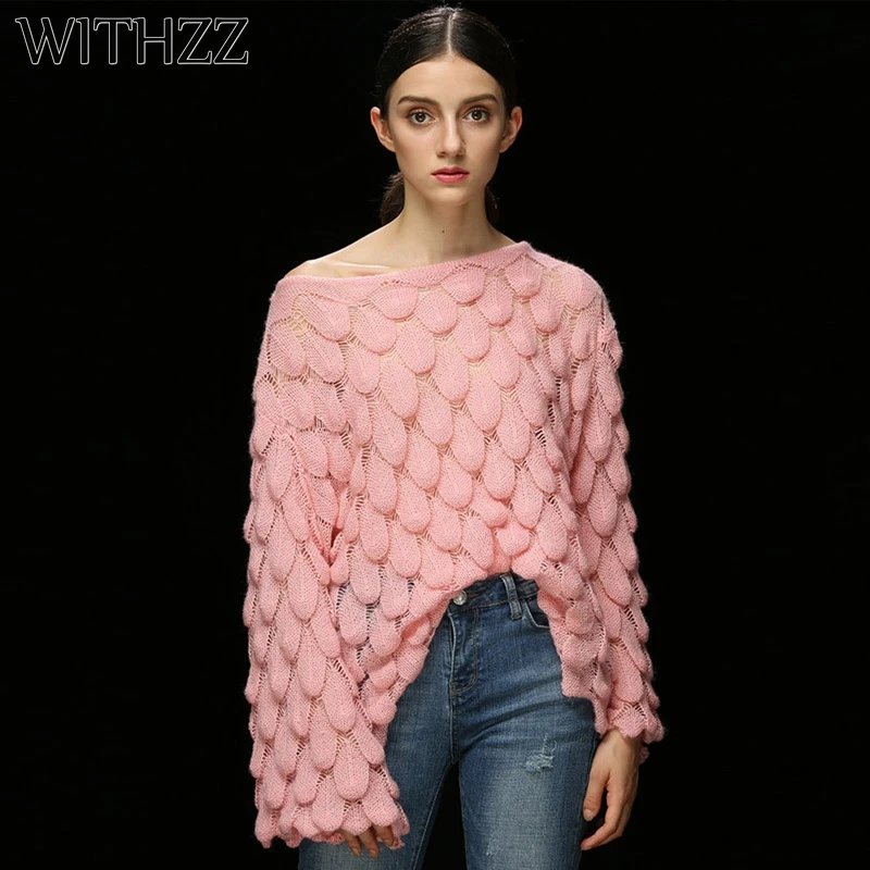 

WITHZZ Trumpet Sleeves Leaf Sweater Loose Openwork for Women Female Pullover Gothic Clothes Plus Size Thin Top Autumn