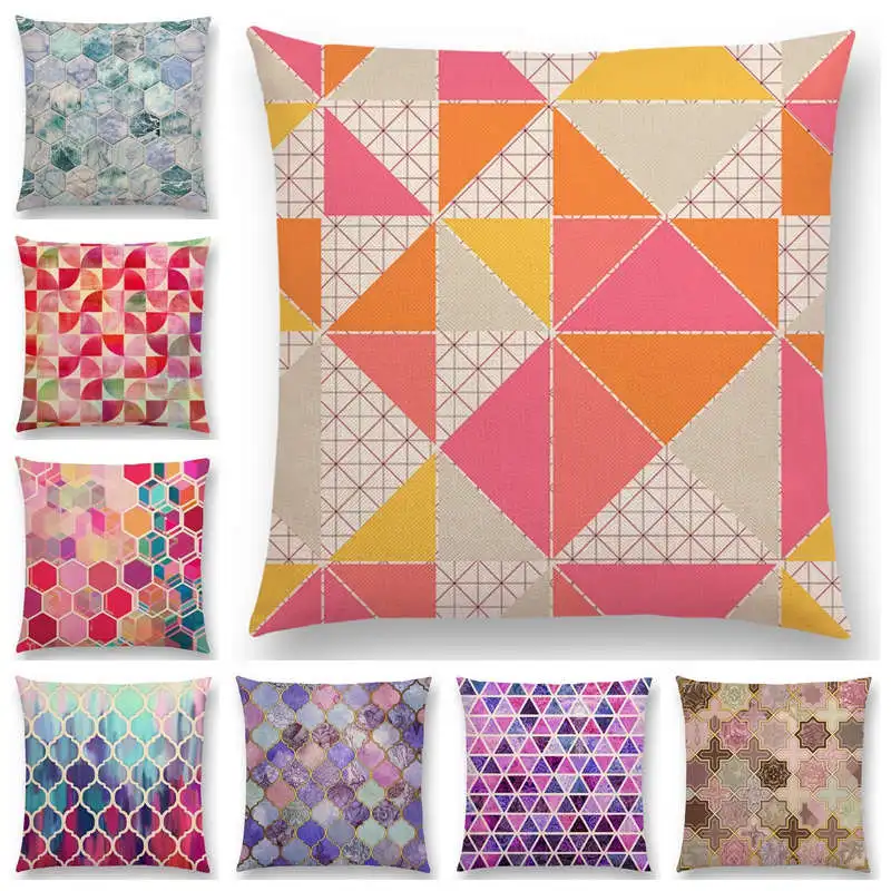 

Hot Sale Rainbow Geometric Polygon Decorative Pattern Colourful Crystal Cubes Bohemian Hexagon Cushion Cover Sofa Pillow Case