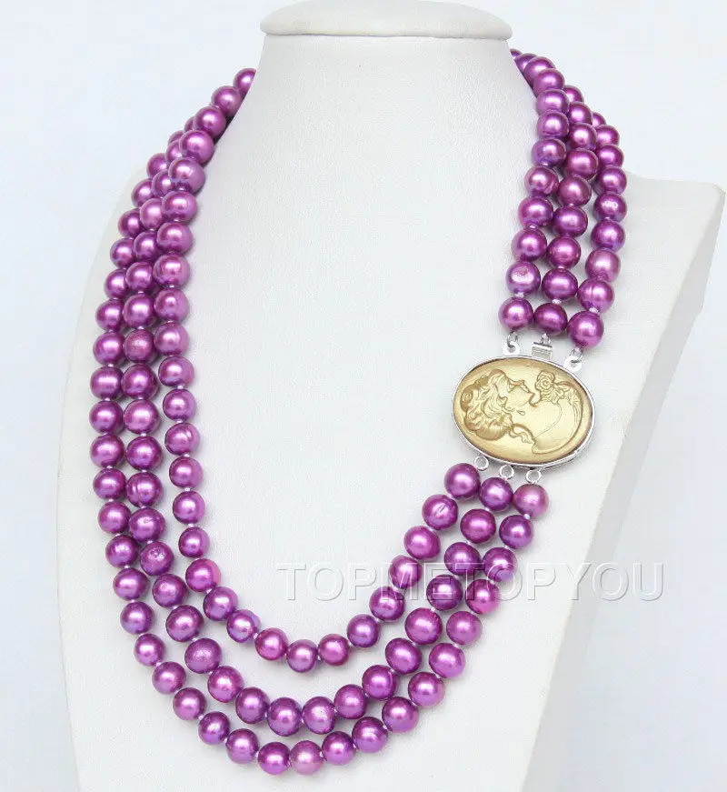 

Free shipping hot sale Women Bridal Wedding Jewelry >>Genuine 3rows 9mm purple cultured pearls necklace cameo clasp E2093