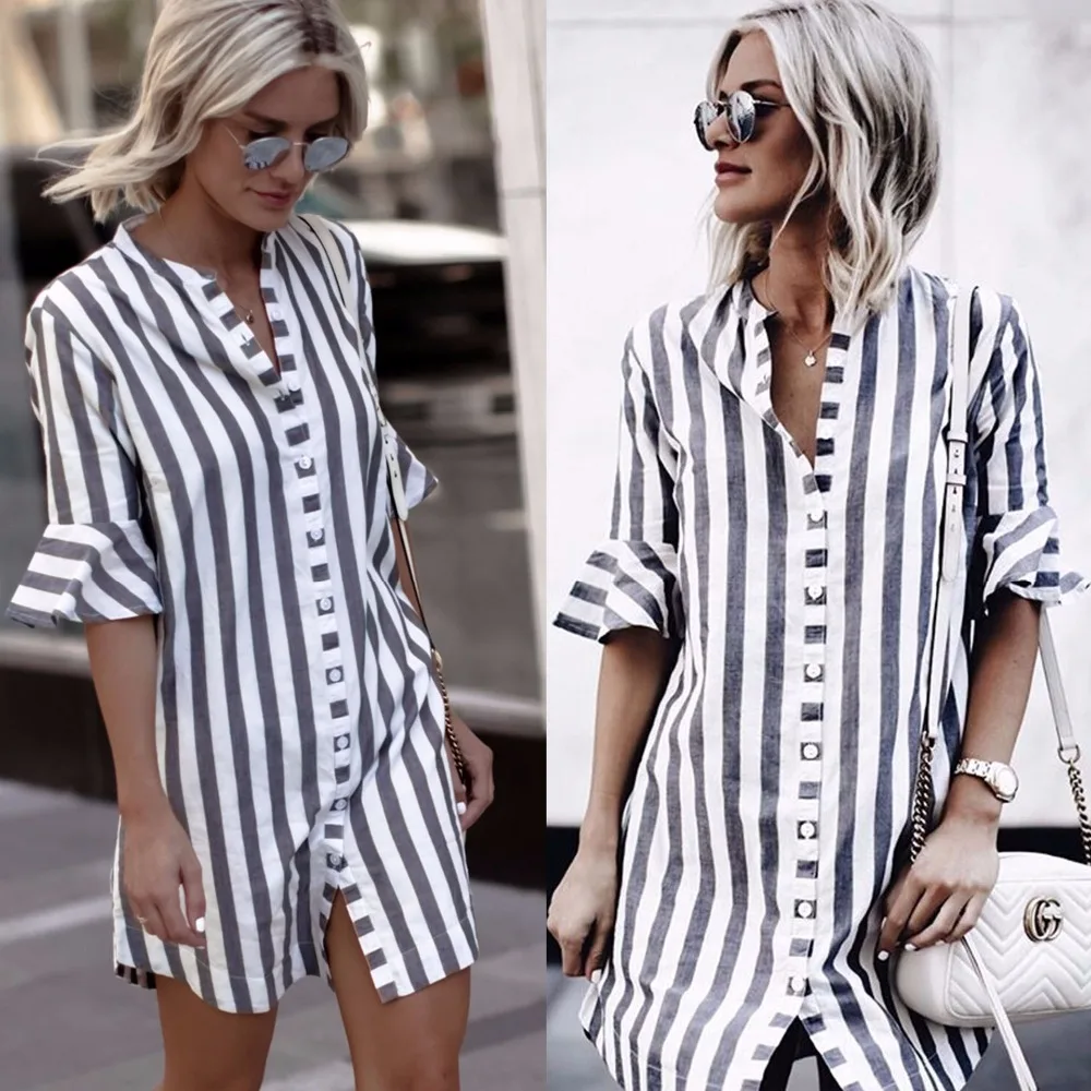 

Women Tops And Blouses 2018 New Fashion Summer Women Blouse Blue White Striped Half Ruffle Sleeve Women Long Shirt Casual Blusas