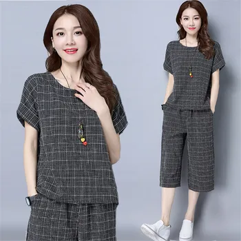 

2019 summer new fashion Cotton Loose plaid tops + wide leg pants Korean version two-piece ladies set