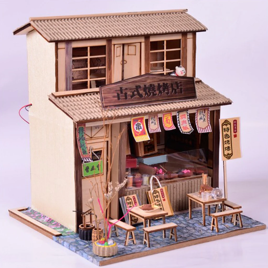 DIY Handcraft Miniature Project Dollhouse Furniture Kit Wooden Dolls House Antique Barbecue Restaurant Gift for Children