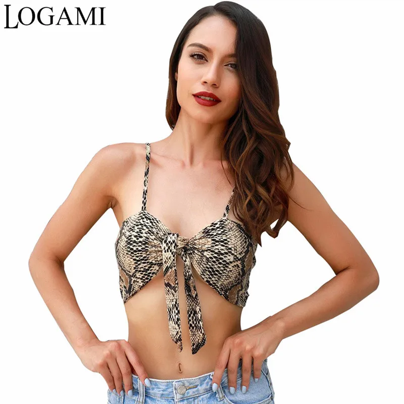 

LOGAMI Leopard Halter Top V Neck Beach Crop Tops Women Sexy Summer Top 2018 Fashion