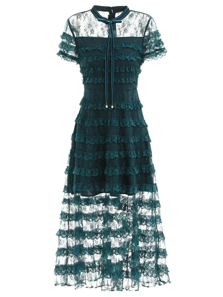 

Qian Han Zi newest 2019 summer designer fashion dress Women's Short Sleeve Vintage Lace Ruffle Embroidered Party Dress