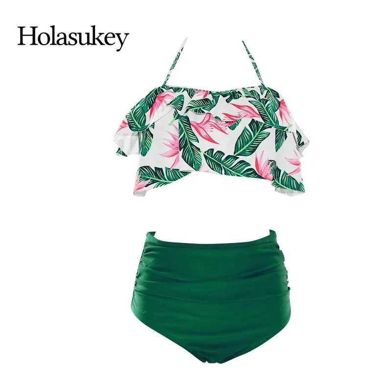 HolaSukey Sexy 2018 Bikinis Set Solid Leaves Print Swimwear Women Ruffles Swimsuit Women High Waist Bikini Bathing Suits Biquini HolaSukey Sexy 2018 Bikinis Set Solid Leaves Print Swimwear Women Ruffles Swimsuit Women High Waist Bikini Bathing Suits Biquini
