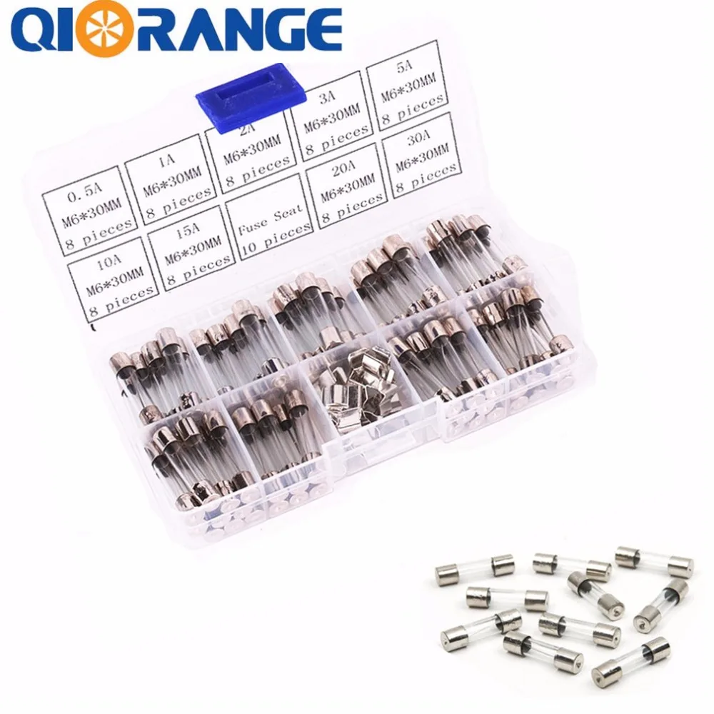 QIORANGE 6x30mm 72pcs Fast-blow Glass Fuses Quick Blow Car Tube Assorted Kit Amp and 10pcs fuse seat 6*30 home | Автомобили и