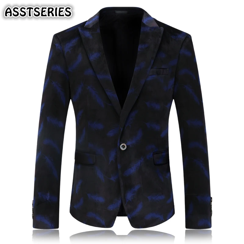 Asstseries Blue Velvet Blazer Men Fashion Featehr Pattern Casual Suit