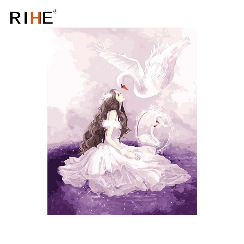 

RIHE Dress Girl Diy Oil Painting By Numbers Swan Cuadros Decoracion Dreamy Acrylic Paint On Canvas For Artwork Modern Home Decor