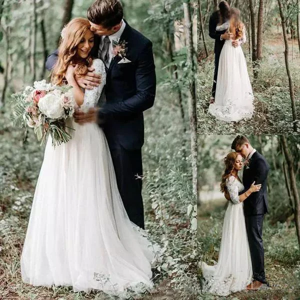 2018 Lace Long Sleeves Modest Country Wedding Dresses V Neck Floor Long Chiffon Bohemian Bridal Gowns Plus Size