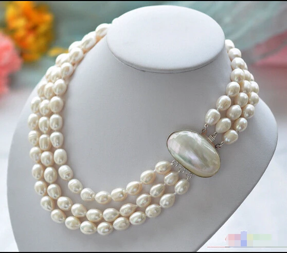 

Fast SHIPPINGP3766 3row 19" 12mm rice white Freshwater cultured pearl necklace NEW