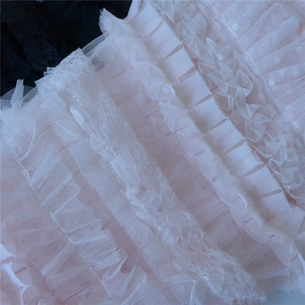 Layered 3D Ruffle Mesh Lace Fabric With Polka Dot Print Gowns Pleated Bridal Pink Black 1 Yard|Кружево| |