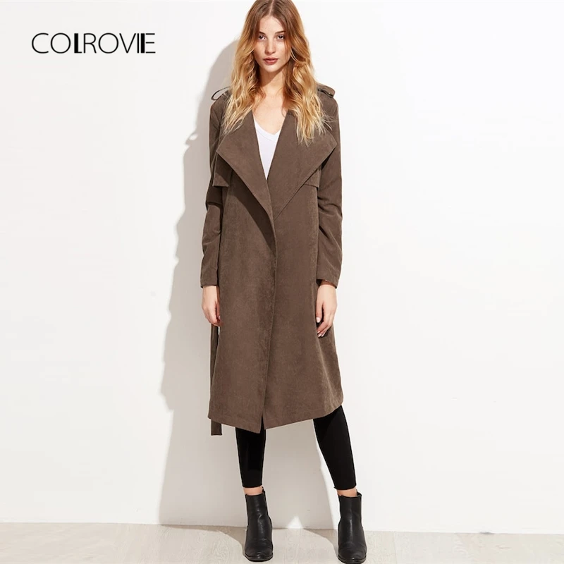 COLROVIE Brown Layered Waterfall Belted Elegant Winter Suede Long Trench Coat Women Clothes 2018 Autumn Wrap Outerwear & Coats