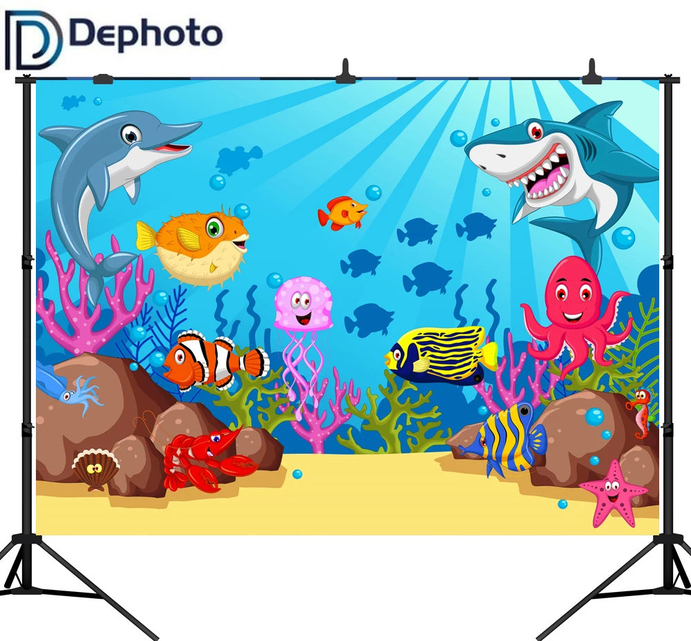 

DePhoto Underwater World Photography Backdrop Baby Shark Coral Dolphin Kids Children Mermaid Birthday Party photo background