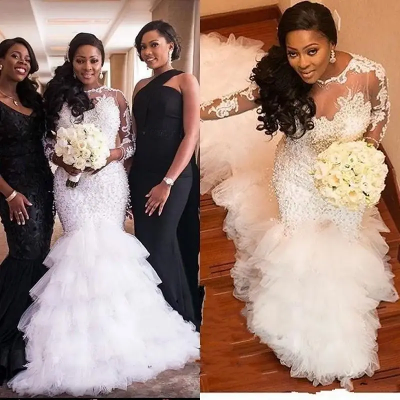 

Hot Sale 3/4 Sleeves Plus Size African Wedding Dress Lace Sheer Arabic Country Bridal Gown Mermaid Bride Dresses