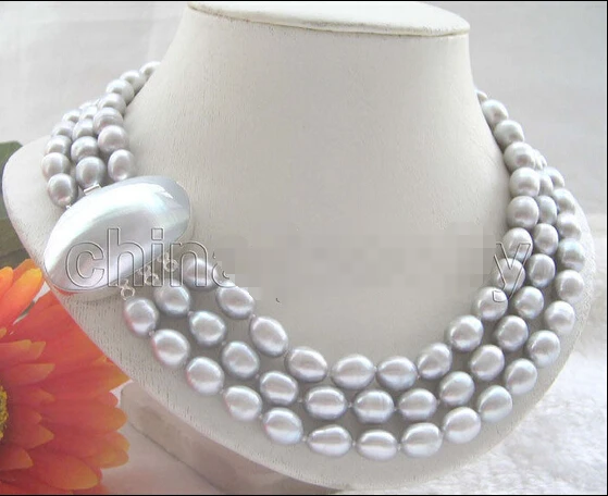 

Wholesale FREE SHIPPING >3row 17-19"10-12mm gray baroque freshwater pearl necklace - 925 gray shell clasp