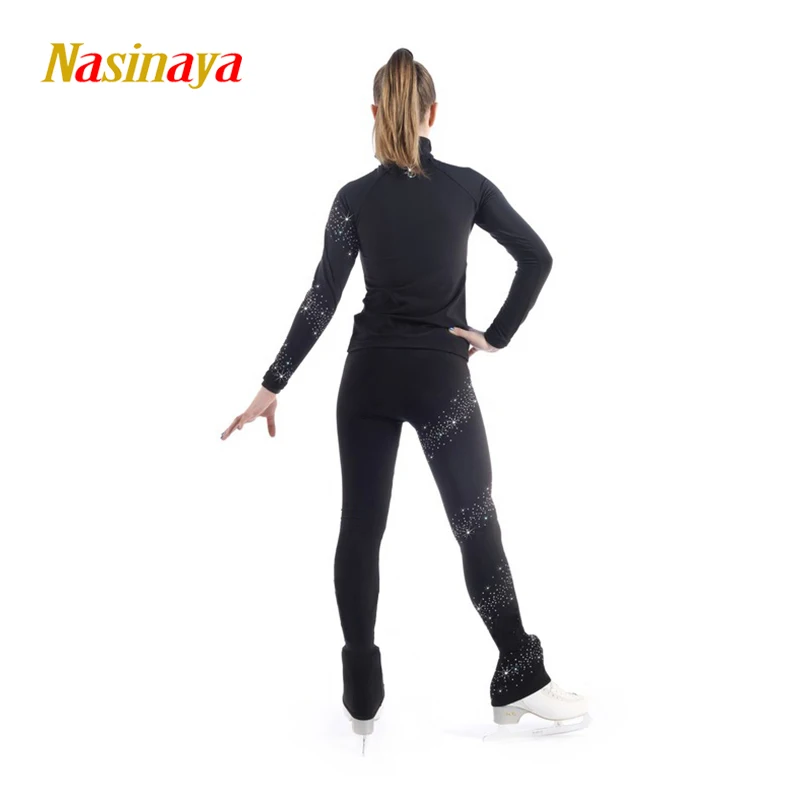 Costume Customized Ice Skating Figure Skating Suit Jacket And Pants Spiral Wide Rhinestone Warm Fleece Adult Child Girl Black 