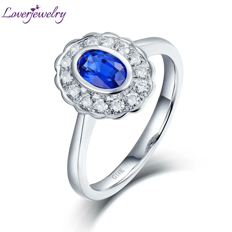 

LOVERJEWELRY Gold Ring Solid 14K White Gold Blue Siri Lanka Sapphire Promised Diamonds Rings for Women Anniversary Party Ring