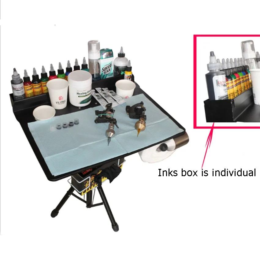 Mesa de Tatuagem Portátil com Caixa de Tinta Acessórios para Tatuagem de Maquiagem Destacável Suporte Compacto Altura Ajustável Arte Corporal Permanente 3 com caixa de tinta, altura ajustável, arte