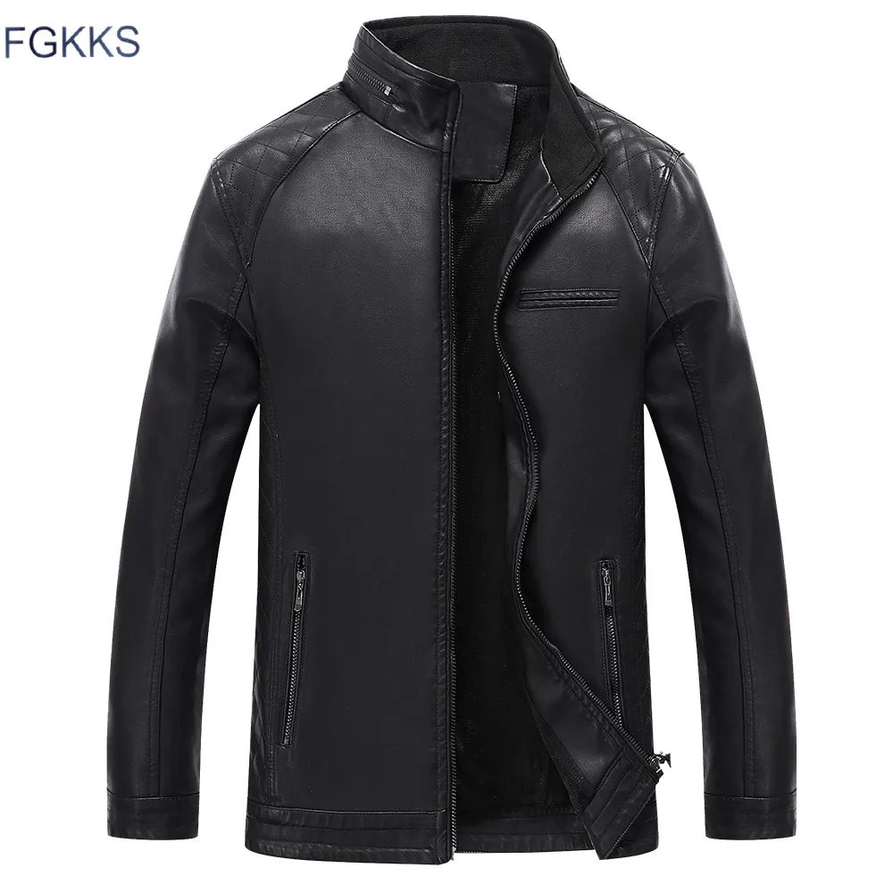 

FGKKS New Winter Men's Faux Leather Jacket Washed Fleece Lined Motorcycle Stand Collar Fashion Jacket Casual Coat Male