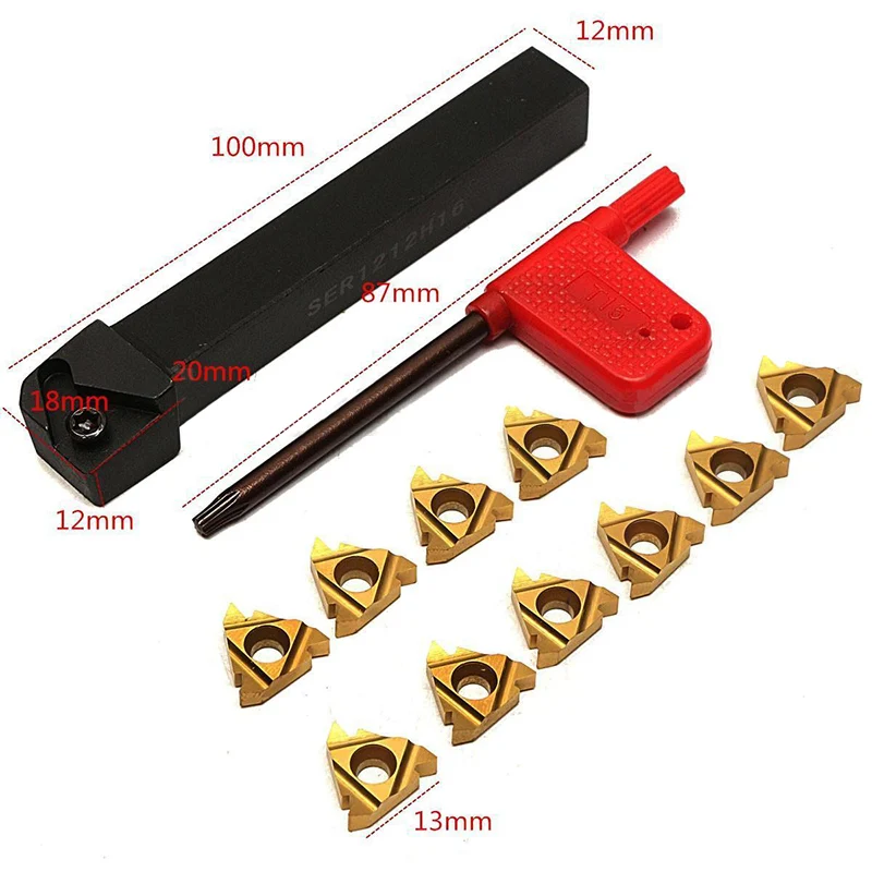 SER1212H16 CNC Tool Holder 10Pcs 16ER AG60 Golden Turning Tips Threading Insert +1pcs Wrench for Stainless Steel Holder Sets