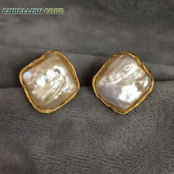 

2018 NEW Design Hand made winding peach light orange big size Baroque pearl golden flat block square real pearls stud earrings