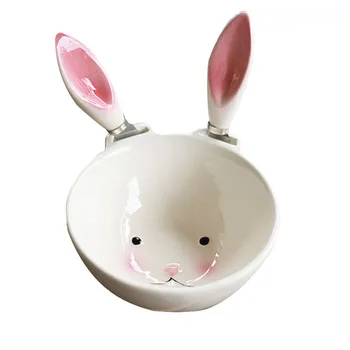 

Cute Rabbit Ceramic Bowls Children's feeding white bowl Match two pink ears 11.5X5.5cm