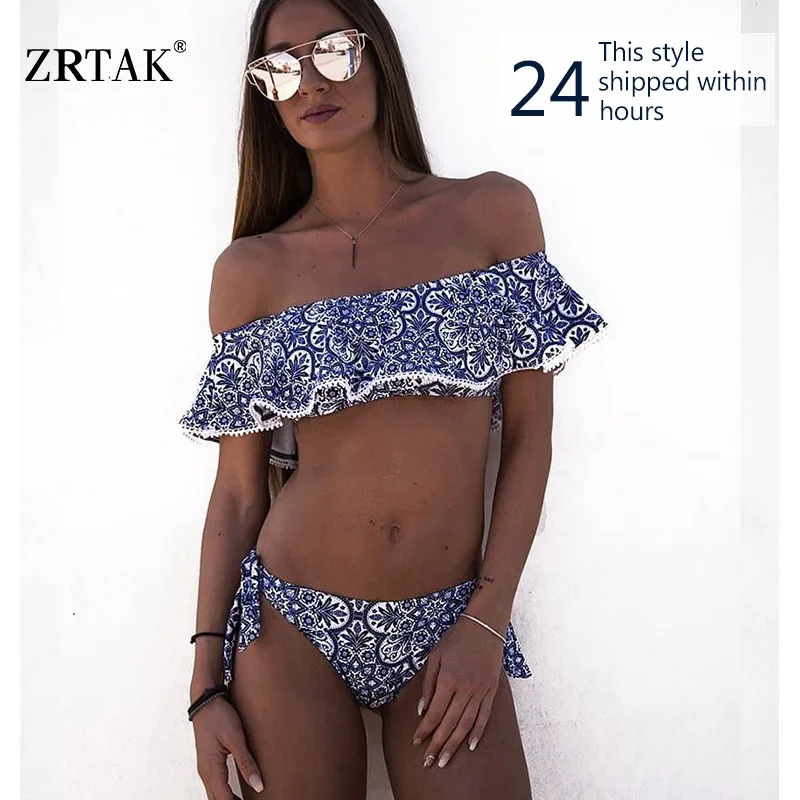 Zrtak Ruffle Bikini Bandeau estampado Bandage Swimsuit mujeres fuera del hombro traje de baño femenino espalda descubierta ropa de playa Bikini brasileño conjunto Zrtak Ruffle Bikini Bandeau estampado Bandage Swimsuit mujeres fuera del hombro traje de baño femenino espalda descubierta ropa de playa Bikini brasileño conjunto
