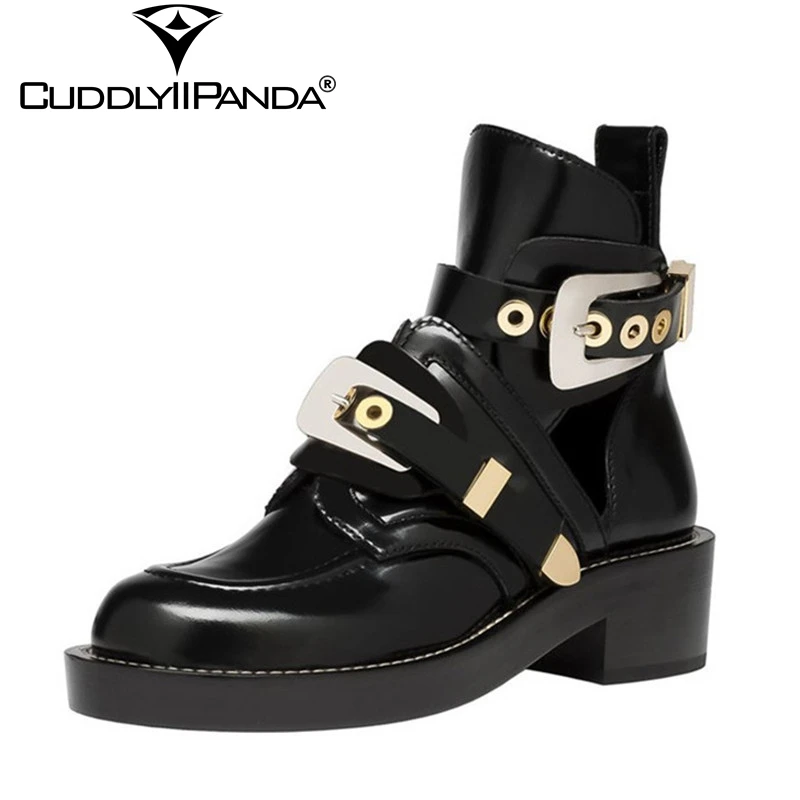 

CuddlyIIPanda New British Style Locomotive Boots Metal Buckle Women Boots Motorcycle Boots Fashion Design Ankle Boots