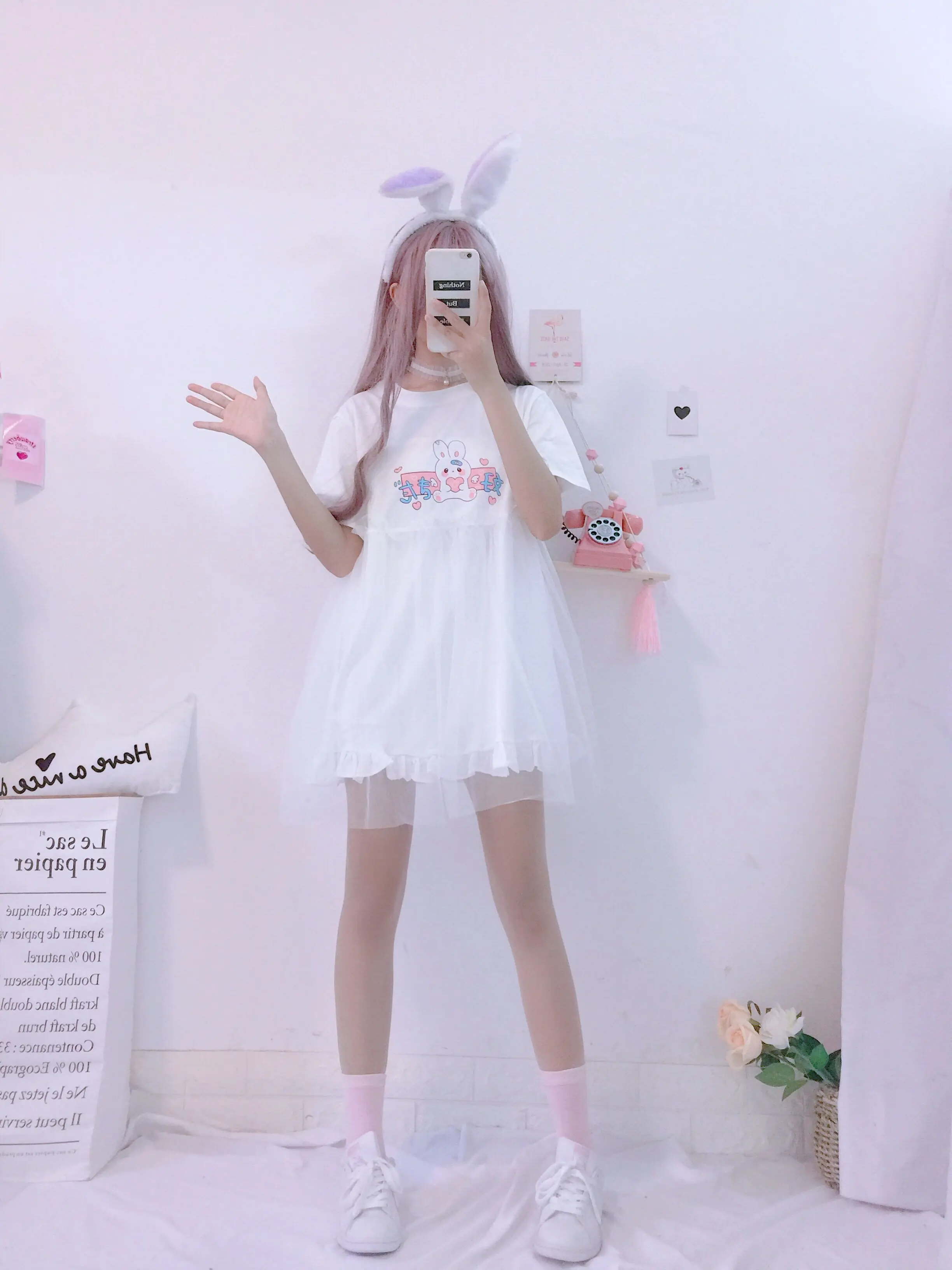 Летние платья в стиле Лолиты, японское милое платье с кроликом и коротким рукавом розового и белого цвета, Повседневное платье-футболка, женская одежда