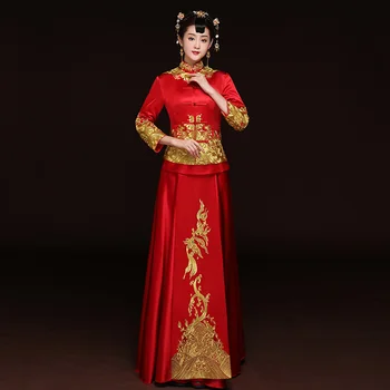 

Chinese Style Women Cheongsam Vestidos Embroidery Goldfish Marriage Suit Ancient Bride Wedding Party Dress Toast Colthing S-XXL
