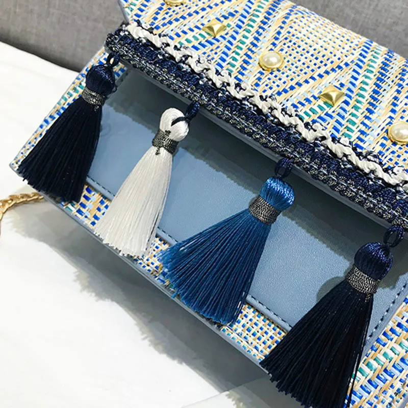 Women Fashion Pearl Straw Bags Bohemian Female Summer Tassel Handbag Lady Travel Knit Shoulder Bag Beach Chains Crossbody SS3282 (8)