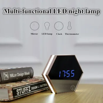 

Multi-functional mirror LED night lamp USB rechargeable LED night lamp with mirror alarm clock and thermometer