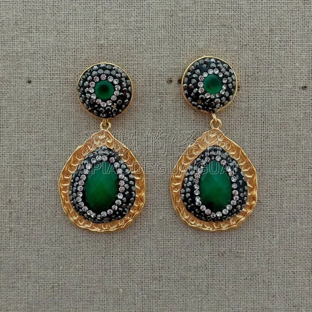 

E092602 24 K Yellow Golden Plated Teardrop Green Stone Crystal Pave CZ Earrings