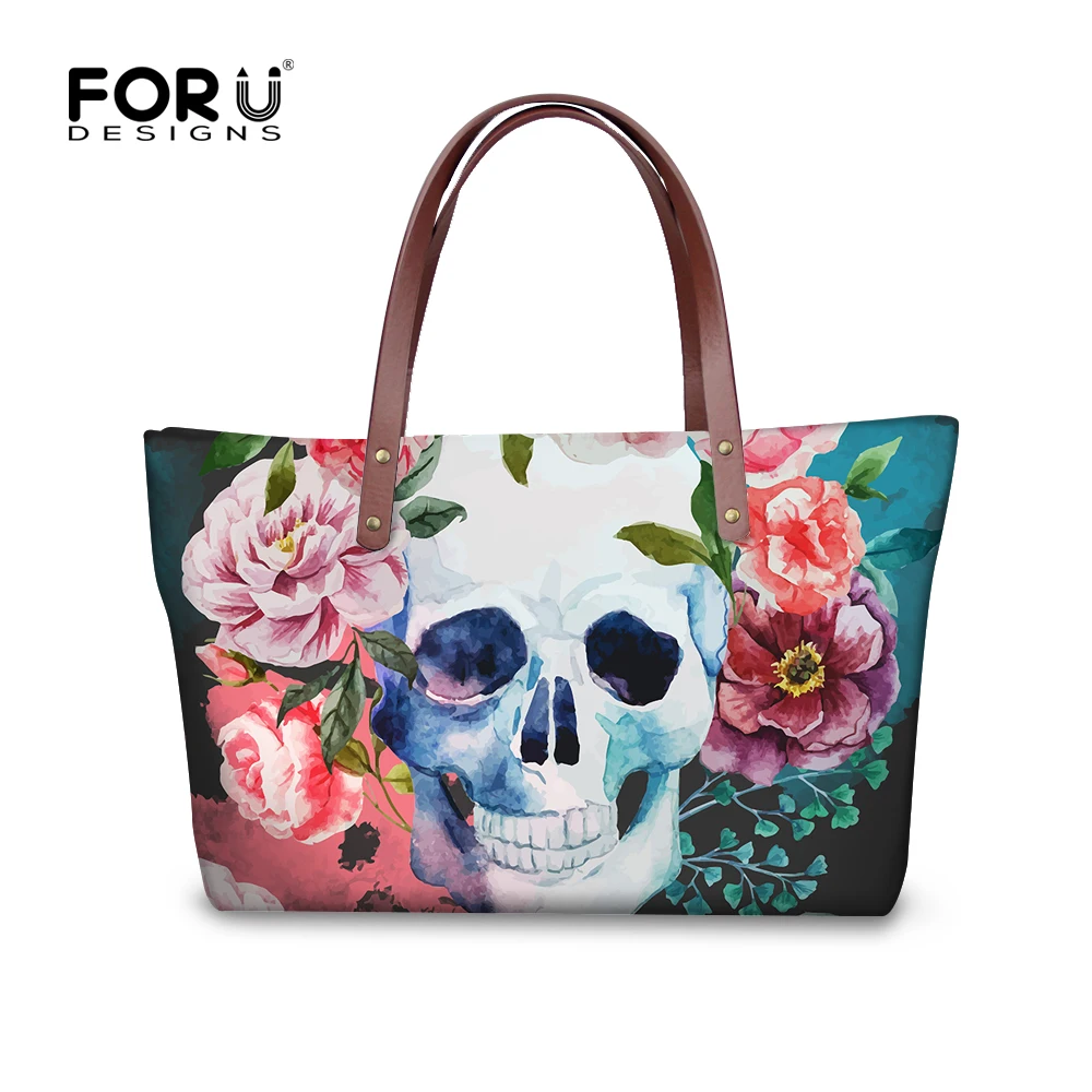 

FORUDESIGNS Cool Skull Floral Shoulder Bags Purse Denim Retro Punk Flower Women Handbags Ladies Totes Travel Beach Sac Wholesale