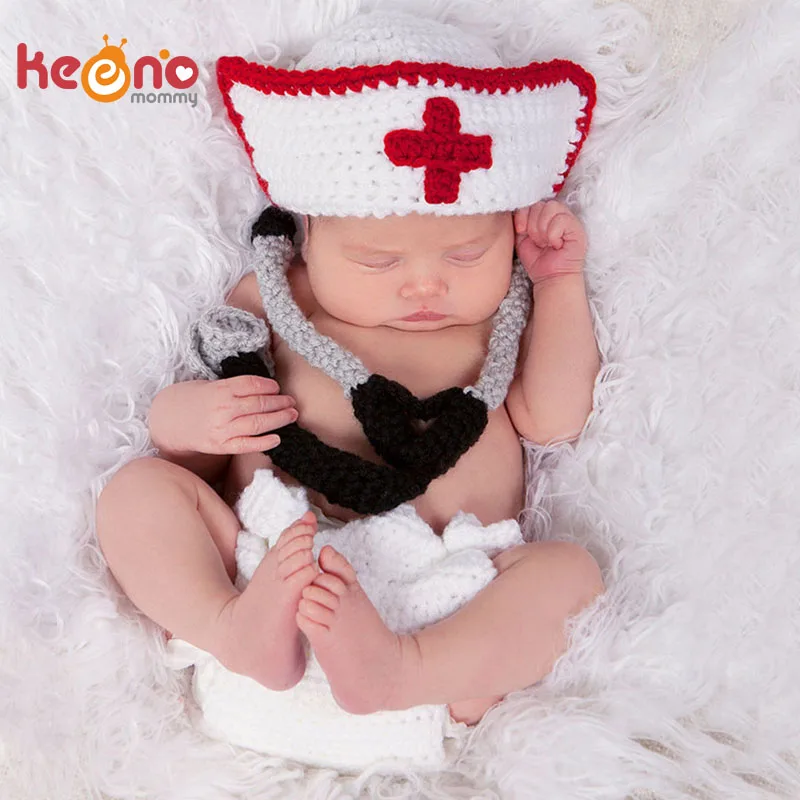 

Keenomommy Crochet Baby Boy Girl Doctor Nurse Photography Props Knitted Newborn Photo Costume Baby Shower Gift H298