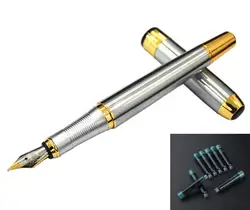 Jinhao 250 нержавеющая сталь Золотая отделка авторучка с 8 шт Черная заправка чернил набор Классический высоко ценный набор